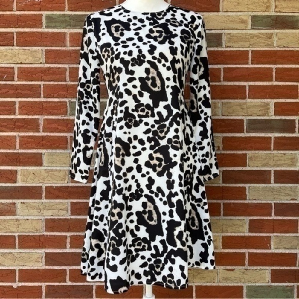 CeCe by Cynthia Steffe Leopard Long Sleeve White Black Tan Fit & Flare Dress 👗